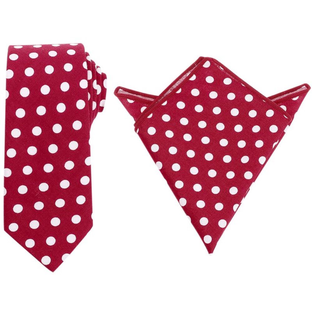 Tie Sets Polka Dots Self-Tied Necktie Set with Pocket Square Red